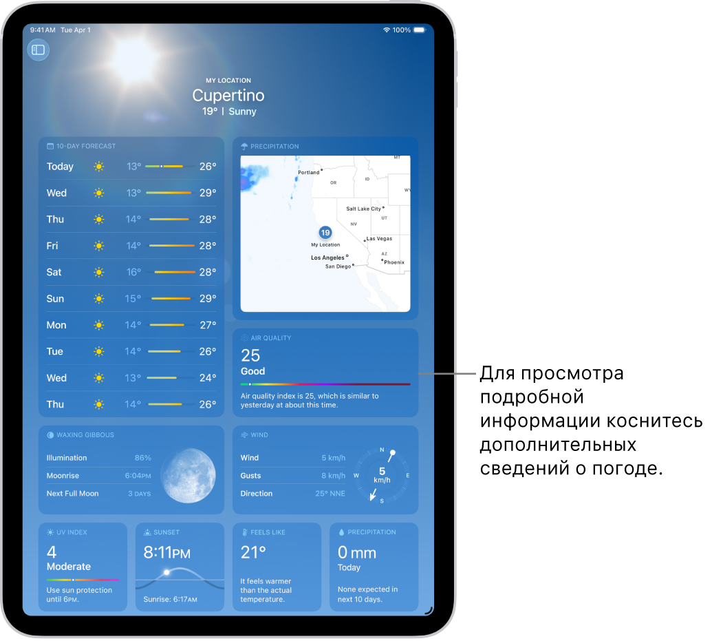 Вверху экрана приложения «Погода» отображается геопозиция, ниже — текущая температура и погодные условия. Остальную часть экрана заполняют данные о погоде, в том числе об УФ-индексе, ветре и осадках.