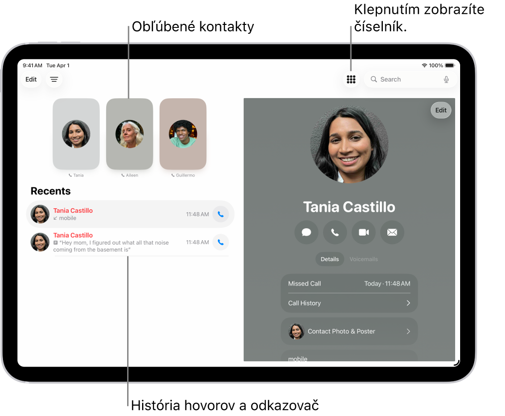 Apka Telefón s obľúbenými kontaktmi na ľavej strane obrazovky. Pod nimi je zoznam posledných hovorov a odkazovač. Na pravej strane obrazovky sa zobrazujú kontaktné údaje a v pravom hornom rohu je tlačidlo číselnej klávesnice.