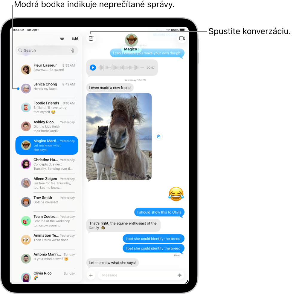 Zoznam konverzácií v apke Správy vľavo a prepis konverzácie vpravo. Neprečítané správy sú označené modrou bodkou.