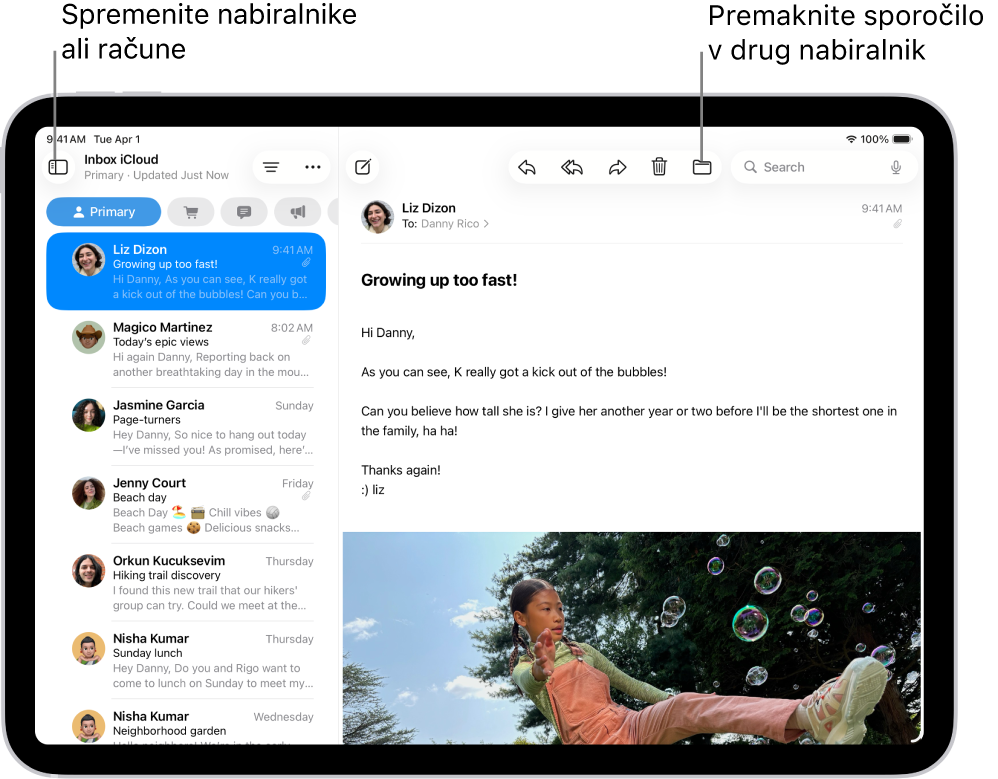 Nabiralnik v aplikaciji Pošta s seznamom e-poštnih sporočil na levi strani in odprtim e-poštnim sporočilom na desni strani.