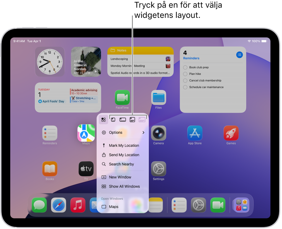 En hemskärm visar en appopupmeny som används till att omvandla en appsymbol till en widget för appen.