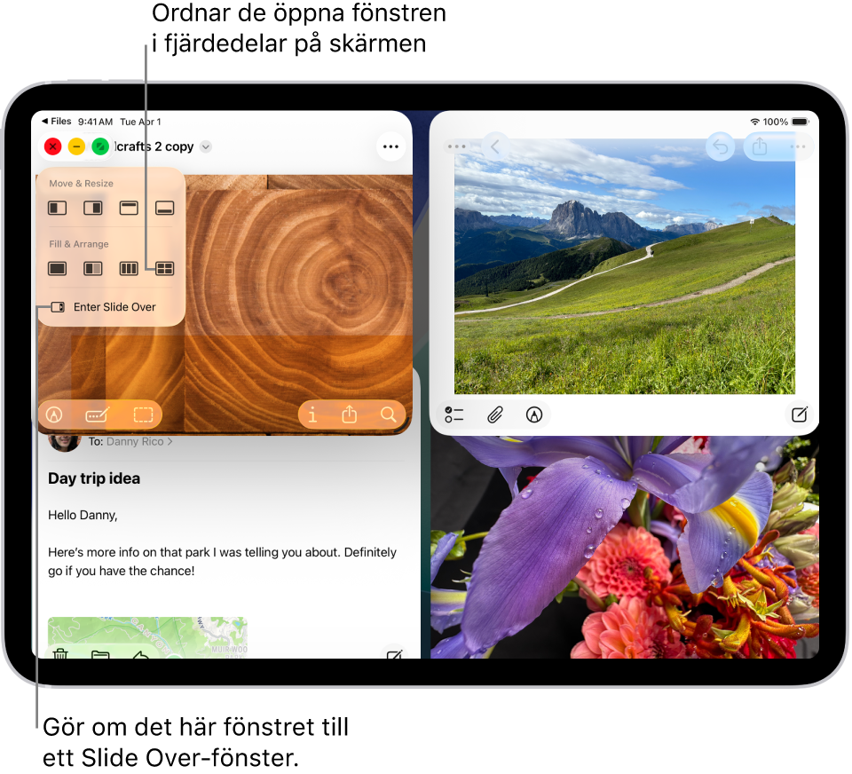 En iPad-skärm med fyra öppna appar och en vald fönsterlayout som ordnar dem i fjärdedelar.