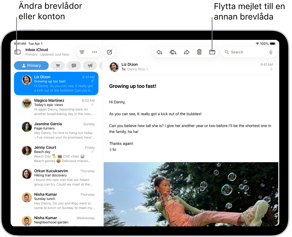 Inkorgen i Mail med en mejllista till vänster och ett öppet mejl till höger.