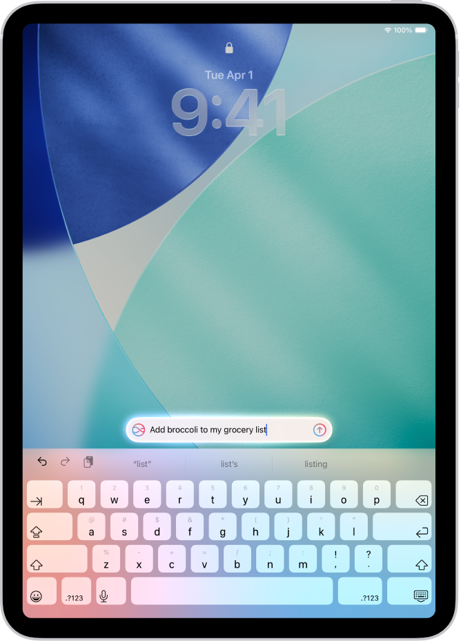లాక్ స్క్రీన్లో కీబోర్డ్ను చూపుతున్న iPad. కీబోర్డ్ ఎగువన Siri అభ్యర్థన కనిపిస్తుంది.