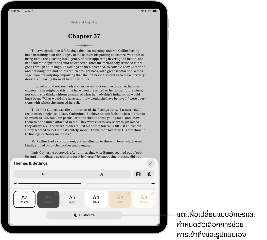 หน้าของหนังสือในแอปหนังสือ ตัวเลือกชุดรูปแบบและการตั้งค่าแสดงตัวควบคุมสำหรับขนาดแบบอักษร มุมมองการเลื่อน สไตล์การเปลี่ยนหน้า ความสว่าง และรูปแบบแบบอักษร