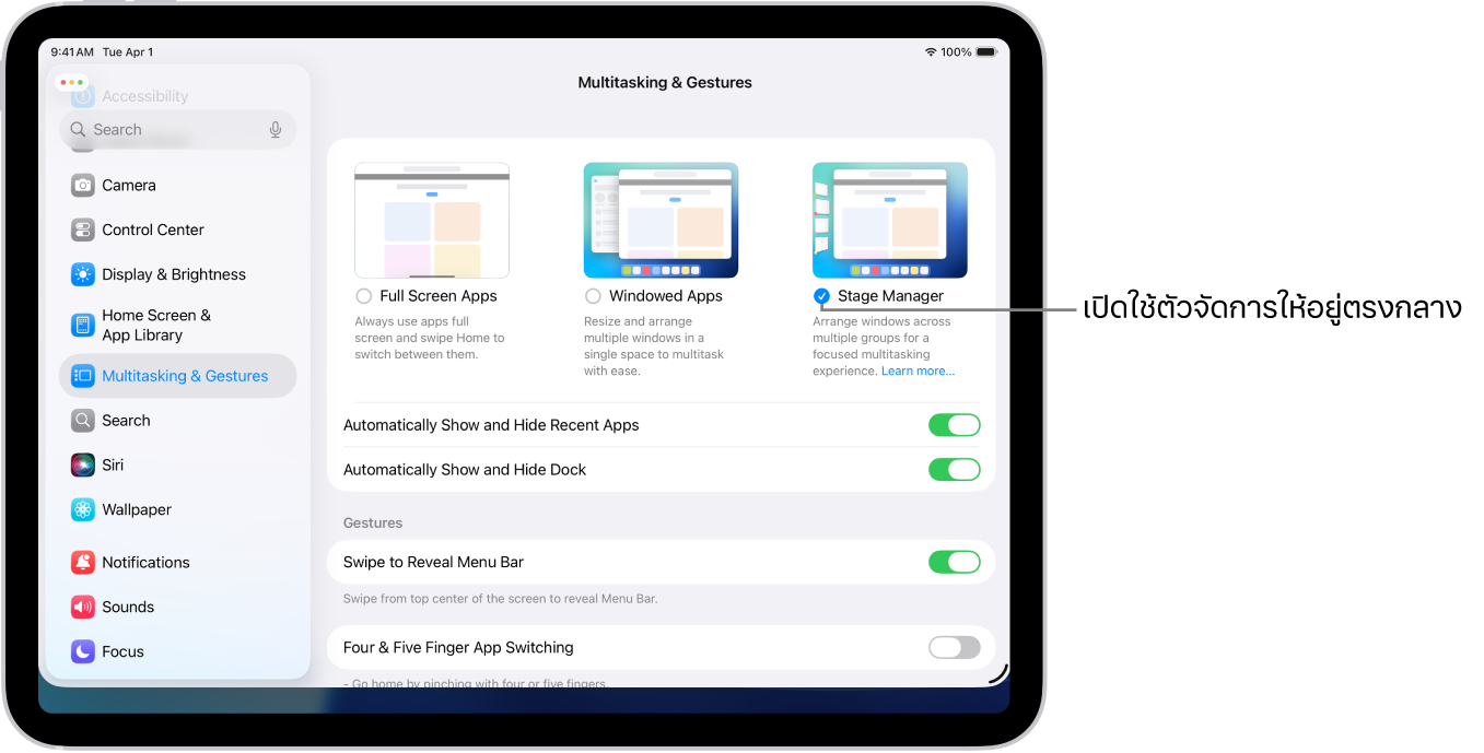 แอปการตั้งค่าบน iPad ที่แสดงตัวเลือกงานมัลติทาสก์และคำสั่งนิ้วที่คุณสามารถเลือกเพื่อทำงานในหลายแอปได้