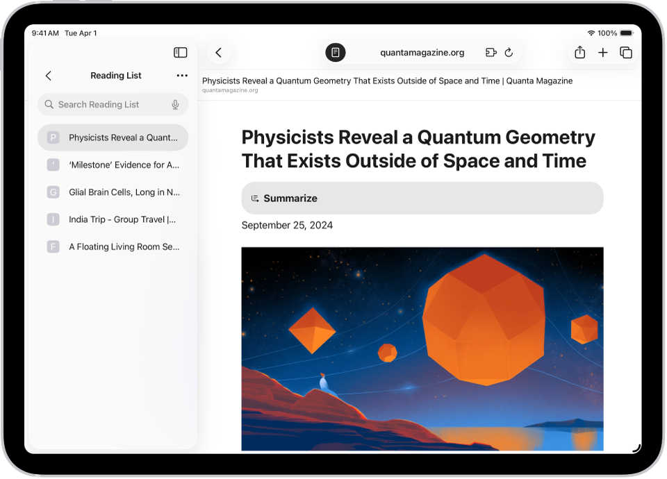 ใน Safari รายการอ่านเปิดอยู่ในแถบด้านข้างทางด้านซ้าย และแสดงรายการของเว็บไซต์ที่บันทึกไปยังรายการอ่าน บทความฟิสิกส์แสดงทางด้านขวา