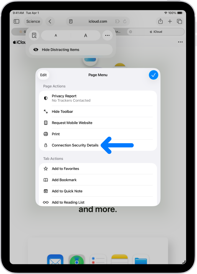 เมนูหน้าเปิดอยู่ใน Safari และตัวควบคุมรายละเอียดความปลอดภัยในการเชื่อมต่ออยู่ตรงกลางหน้า