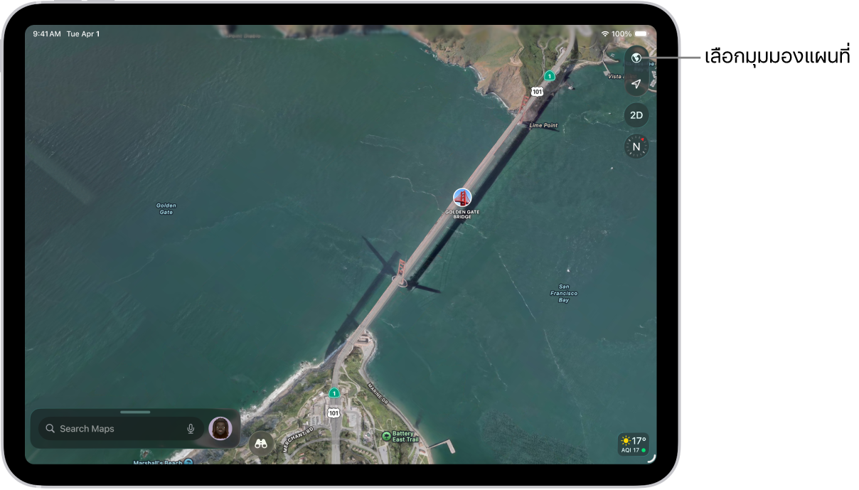 แผนที่ถนนและสวนสาธารณะที่แสดงต้นไม้ สถานที่น่าสนใจรอบเส้นทาง และตำแหน่งที่ตั้งต่างๆ เช่น ทางเดินป่าและจุดชมวิว