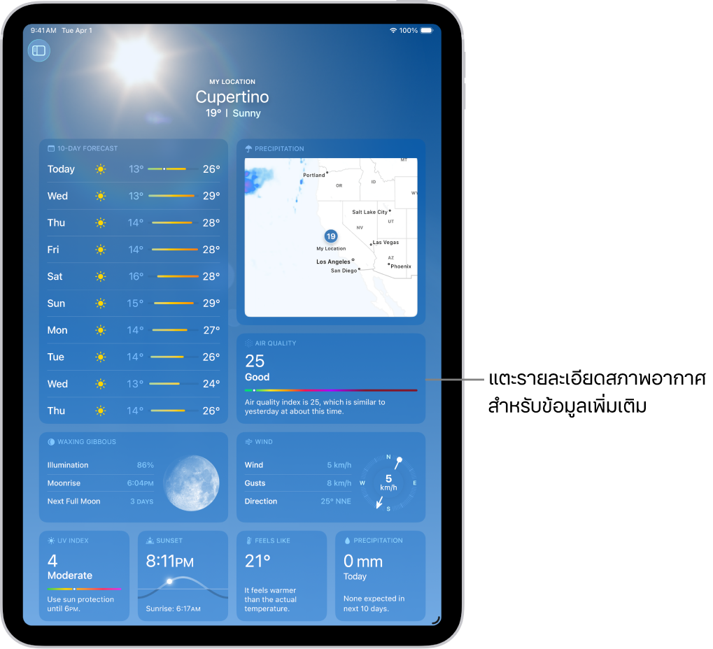 หน้าจอสภาพอากาศที่แสดงตำแหน่งที่ตั้งที่ด้านบนสุด และด้านล่างคืออุณหภูมิและสภาพอากาศปัจจุบัน ส่วนที่เหลือของหน้าจอมีรายละเอียดสภาพอากาศ ได้แก่ ดัชนีรังสี UV, ลม และปริมาณฝน