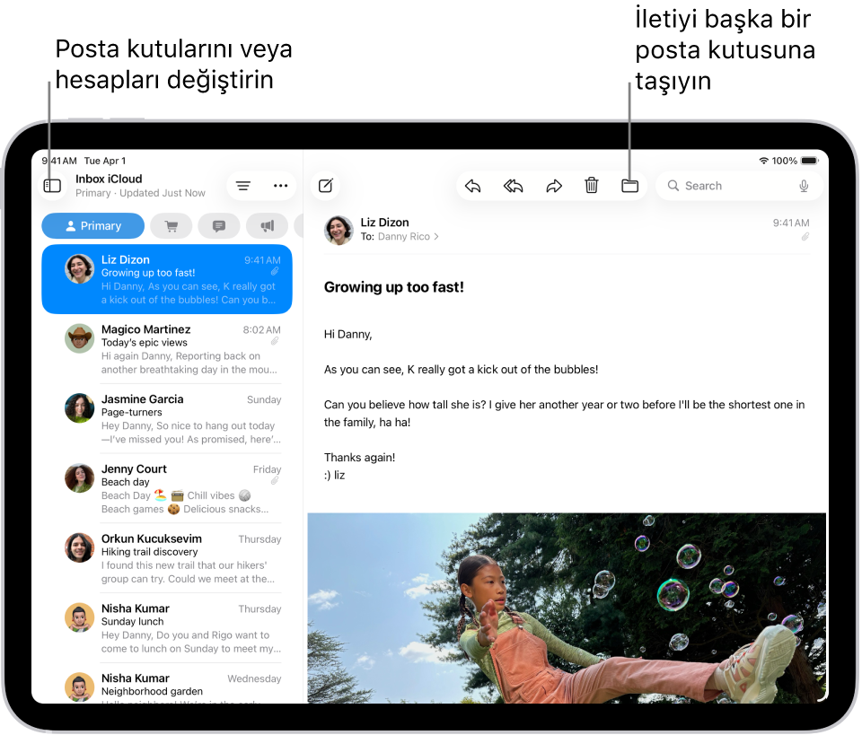 Solda e-posta listesi ve sağda açık bir e-posta ile Mail’in Gelen Kutusu.