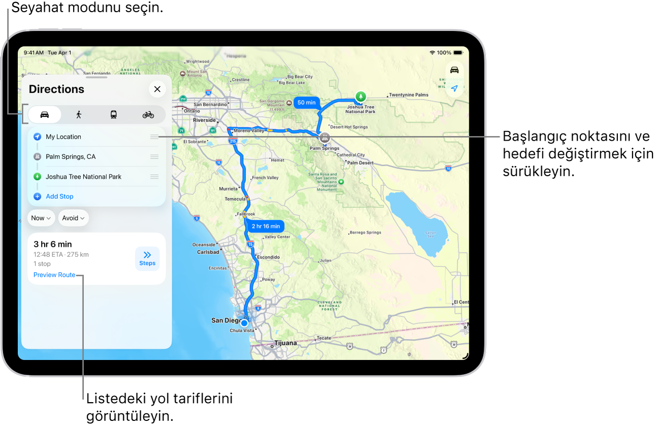 Konumum ile bir hedef arasında sürüş için yol tarifi için birçok olası güzergâh içeren bir harita.