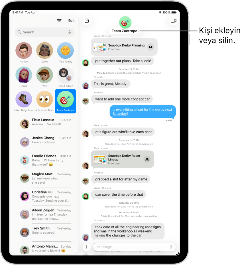 iPad’deki Mesajlar’da bir grup yazışması. Solda, iğnelenmiş bir yazışma, konuşma listesinden seçilmiş. Sağda, paylaşılan dosyaları içeren bir yazışma dökümü bulunuyor.