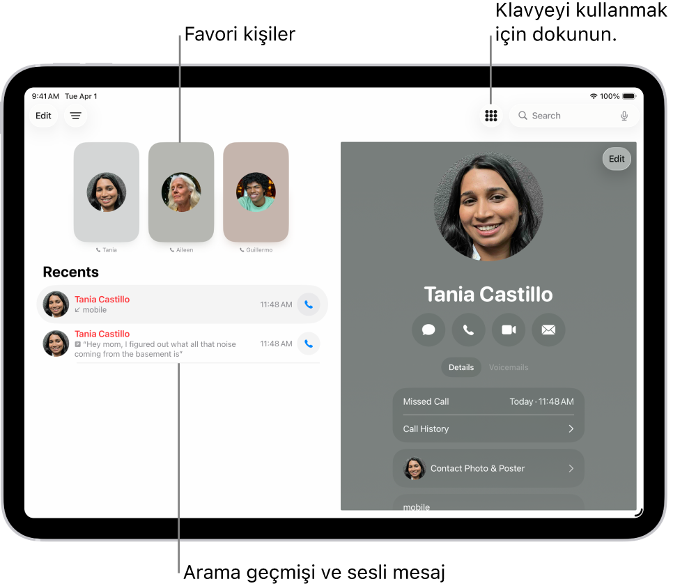 Ekranın sol tarafında Hızlı Arama kişileri ile Telefon uygulaması. Hızlı Arama’nın altında son aramaların ve sesli mesajların listesi var. Ekranın sağ tarafında kişi bilgileri görünüyor; Klavye düğmesi ekranın sağ üst tarafında.