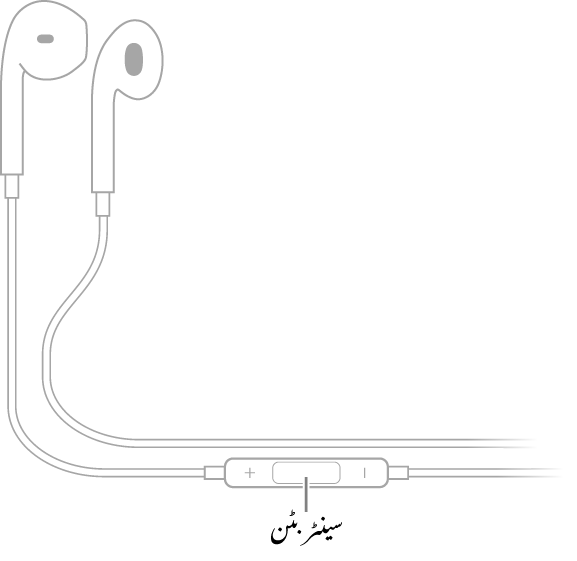 ‏⁨Apple EarPods⁩؛ دائیں کان کے لیے ایئر پیس کی طرف جانے والے تار پر موجود سینٹر بٹن۔