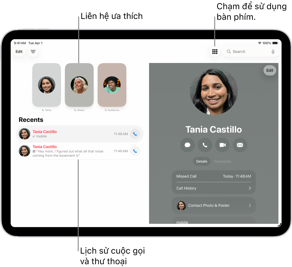 Ứng dụng Điện thoại, với các liên hệ trong Mục ưa thích ở bên trái của màn hình. Bên dưới Mục ưa thích là danh sách các cuộc gọi gần đây và thư thoại. Thông tin liên hệ xuất hiện ở bên phải của màn hình, với nút Bàn phím ở trên cùng bên phải của màn hình.