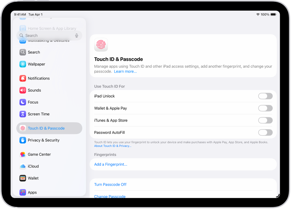 Một màn hình đang hiển thị cài đặt cho Touch ID & Mật mã với các tùy chọn để thêm dấu vân tay và bật mật mã.