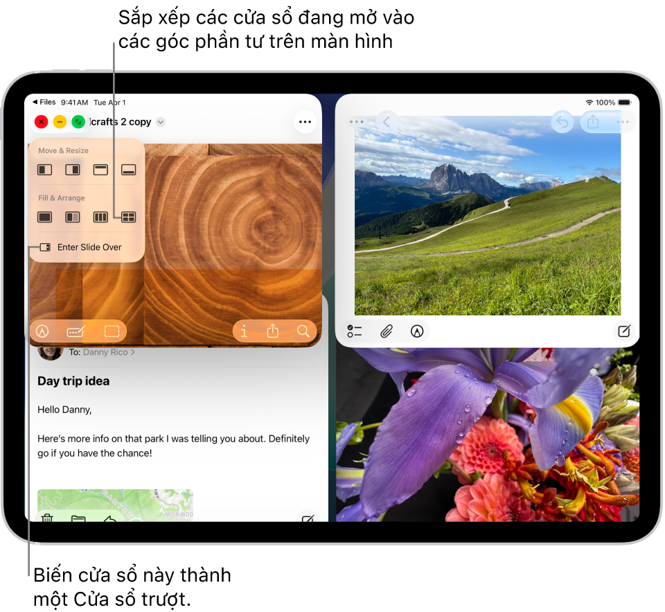 Một màn hình iPad với bốn ứng dụng đang mở và một bố cục cửa sổ được chọn sắp xếp các ứng dụng theo các góc phần tư.