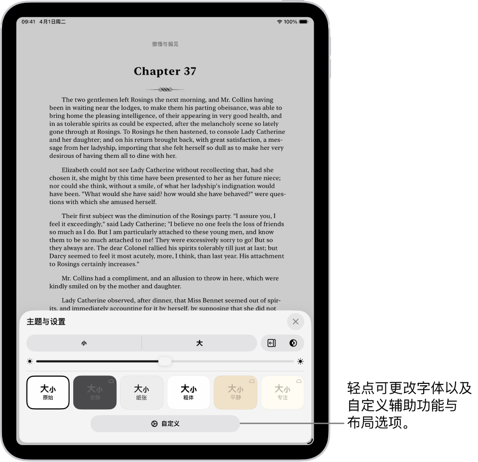“图书” App 中的图书页面。“主题与设置”选项显示字体大小、滚动视图、翻页样式、亮度和字体样式的控制。
