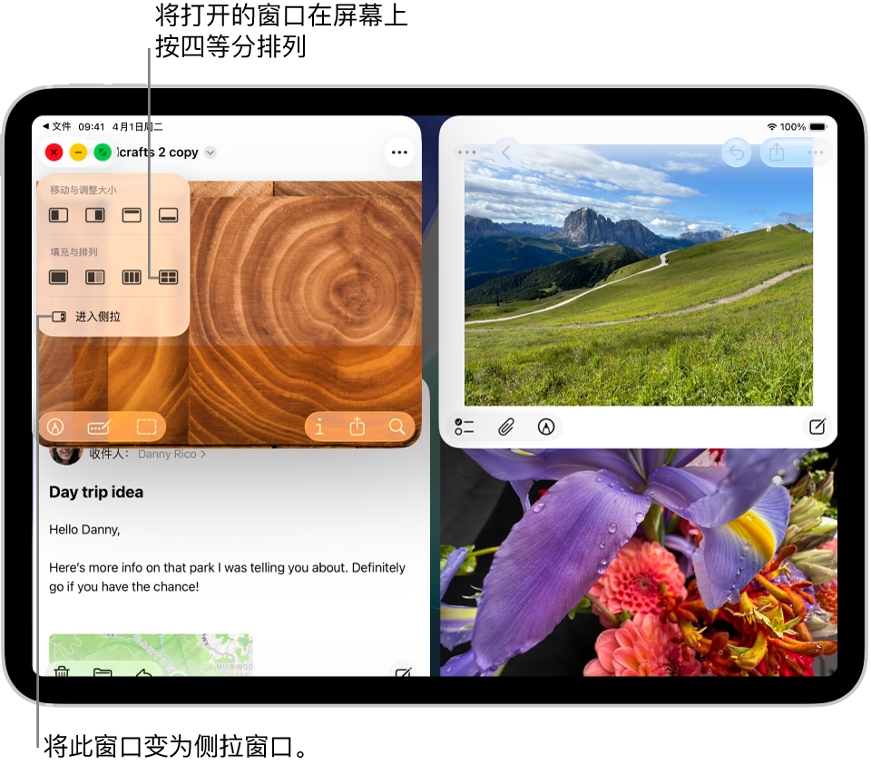 iPad 屏幕上打开了四个 App,选中的窗口布局以四等分形式排列这些 App。