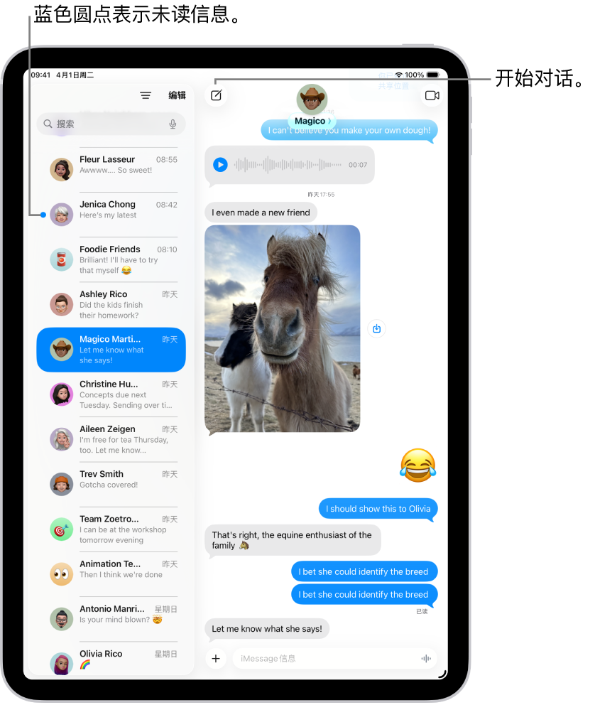 左侧是“信息”对话列表,右侧是对话聊天记录。未读信息以蓝色圆点标记。