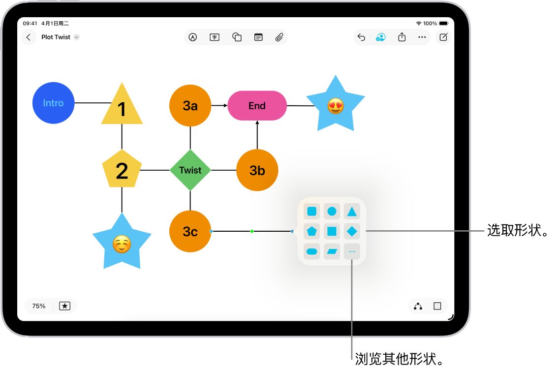 “无边记”看板上正在添加新形状的图示。