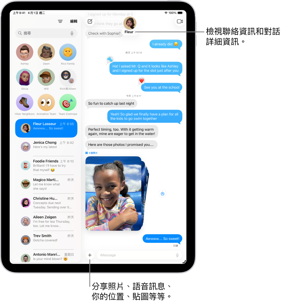 左側為「訊離」對話列表，右側為對話逐字稿。在最上方點一下聯絡人圖像即可打開對話詳細資訊。