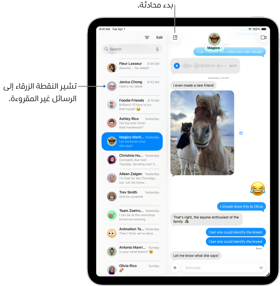 قائمة محادثات الرسائل على اليمين ونص المحادثة على اليسار. يتم تمييز الرسائل غير المقروءة بنقطة زرقاء.
