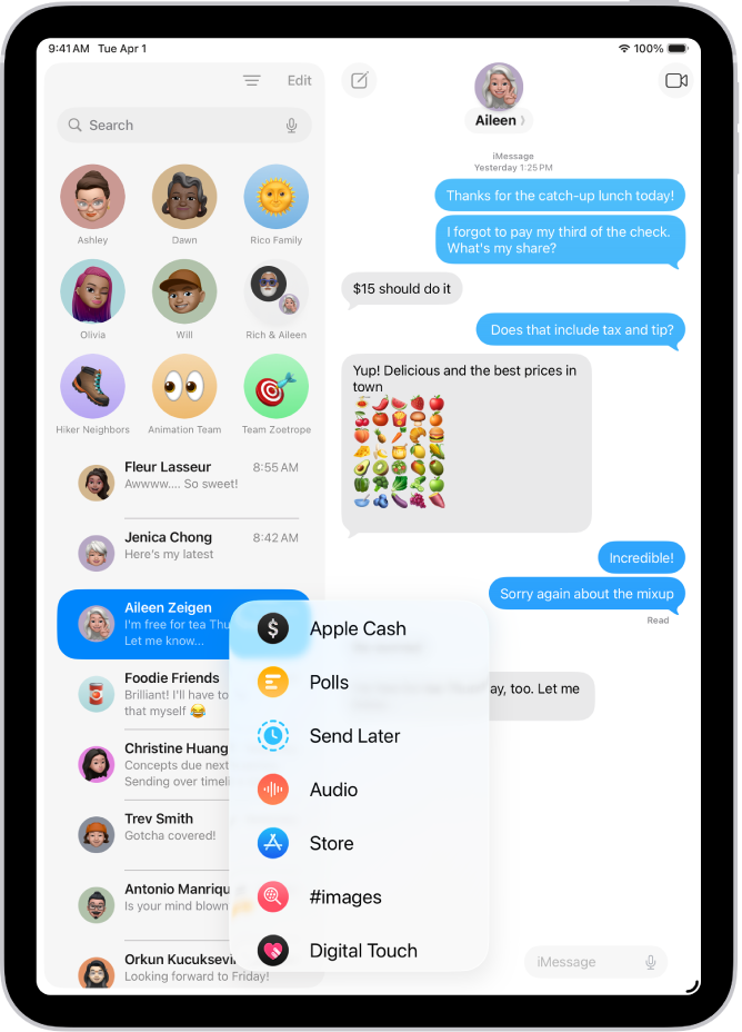 Després de tocar el botó “Apps” en una conversa de l’app Missatges, apareix una llista de funcions que pots afegir al missatge.