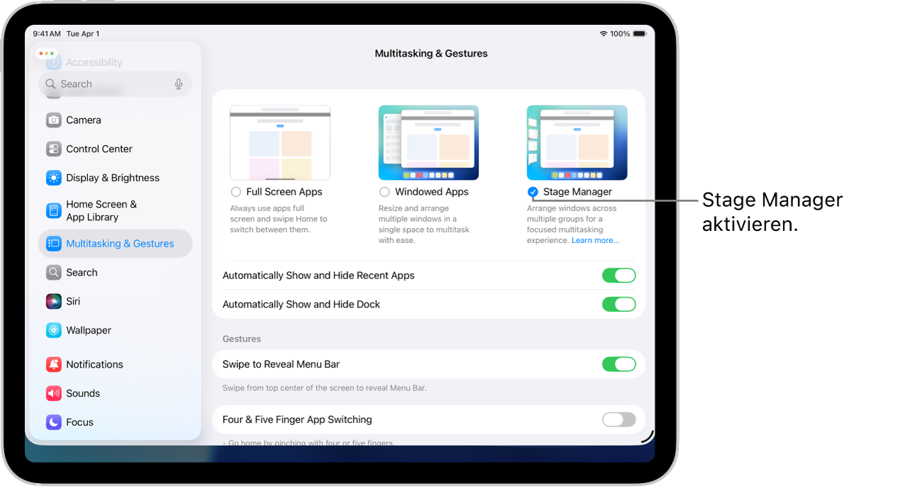 Die iPad-App „Einstellungen“ zeigt die Optionen für „Multitasking & Gesten“, die du für die Arbeit mit mehreren Apps auswählen kannst.
