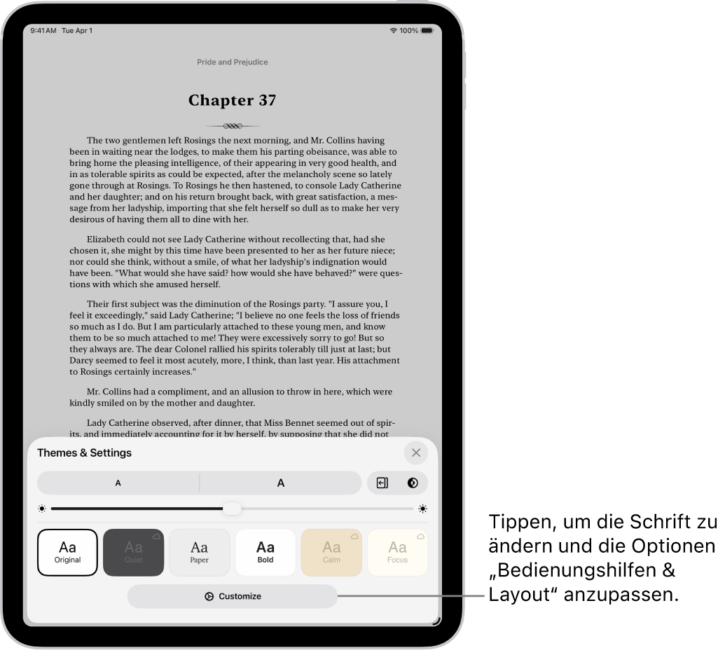 Eine Buchseite in der App „Bücher“. Die Optionen „Themen & Einstellungen“ mit Steuerelementen für Schriftgröße, Scrollansicht, Stil zum Umblättern, Helligkeit sowie Schriftoptionen.