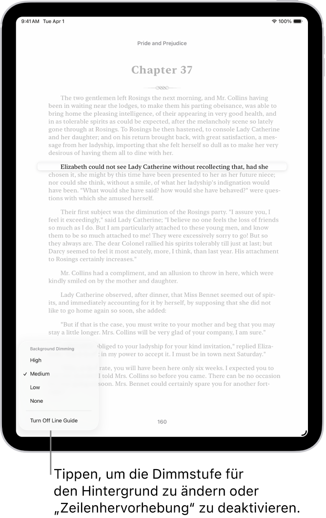 Eine Buchseite in der App „Bücher“. Eine Textzeile ist hervorgehoben und der übrige Text abgeblendet. Unten links auf der Seite ist das Menü „Zeilenhervorhebung“.