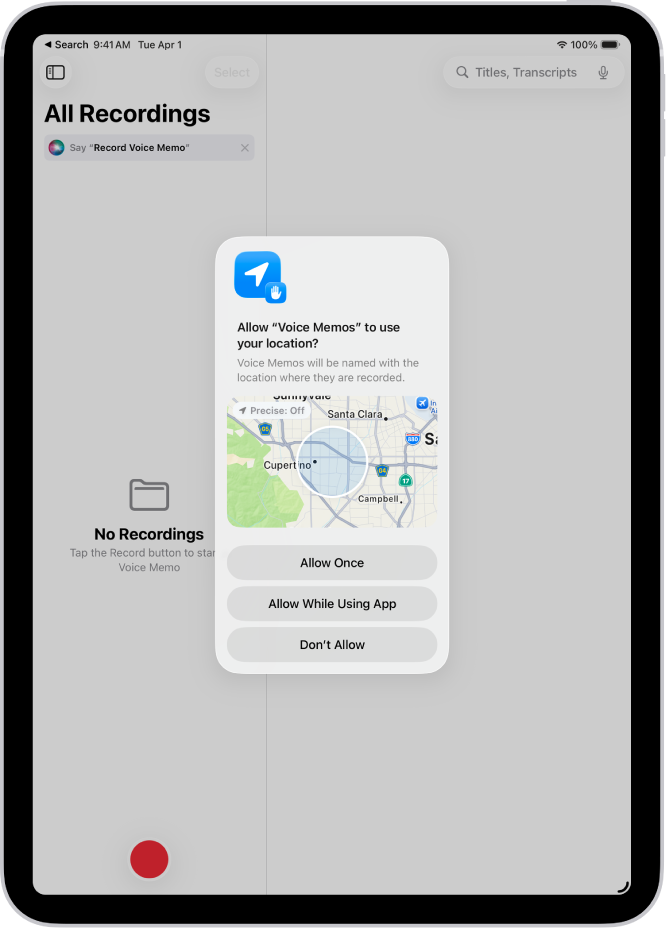 Eine App-Anfrage zur Verwendung deiner Standortdaten auf dem iPad. Die verfügbaren Optionen sind „Einmal erlauben“, „Beim Verwenden der App erlauben“ und „Nicht erlauben“.