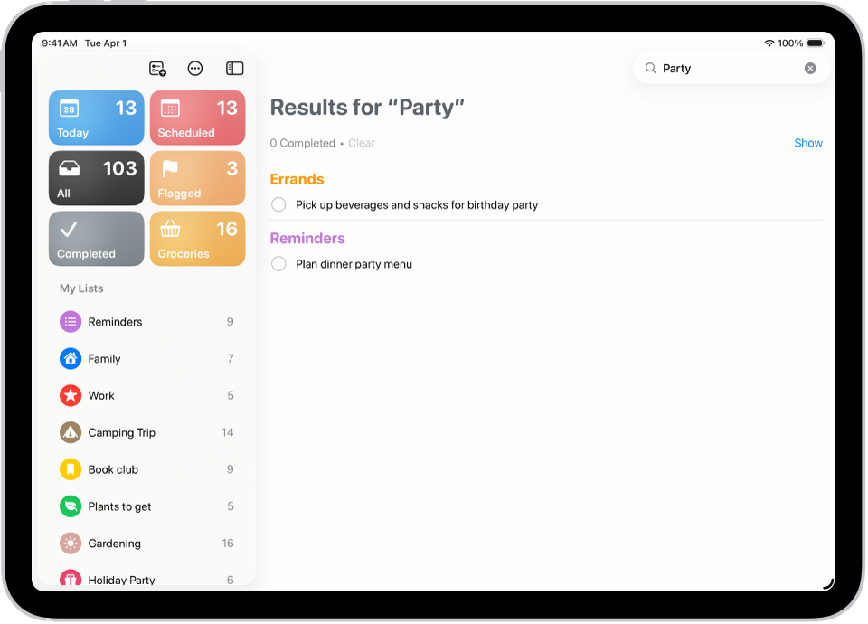 Suchergebnisse in der App „Erinnerungen“ zeigen Aufgaben, die das Wort „Party“ enthalten.