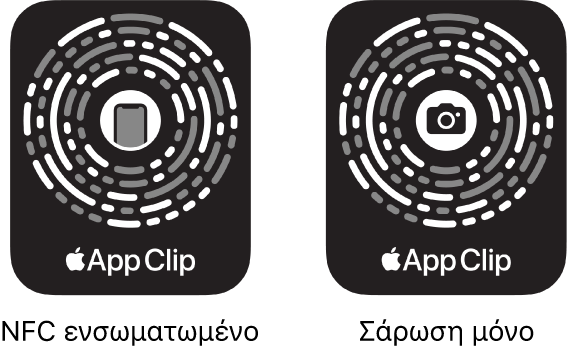 Στα αριστερά, ένας κωδικός κλιπ εφαρμογής με ενσωμάτωση NFC, και ένα εικονίδιο iPhone στο κέντρο. Στα δεξιά, ένας κωδικός κλιπ εφαρμογής μόνο για σάρωση, με ένα εικονίδιο κάμερας στο κέντρο.