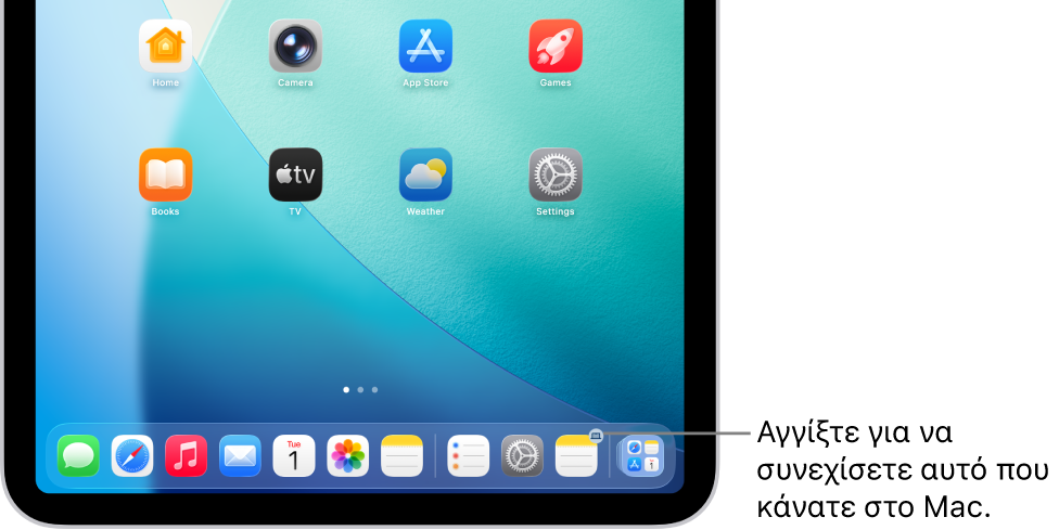 Το εικονίδιο Handoff είναι ορατό στο Dock ενός iPad.