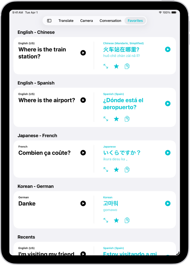 The Favorites tab, showing saved phrases translated to various languages.