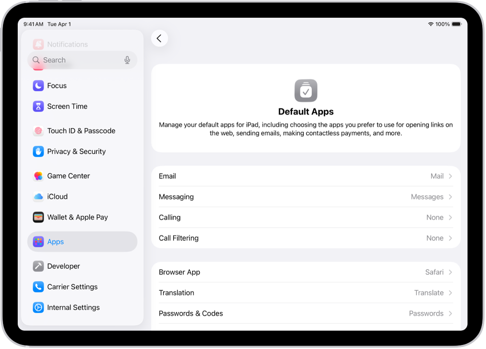 The screen for changing your default apps for sending email, browsing the web, and more.