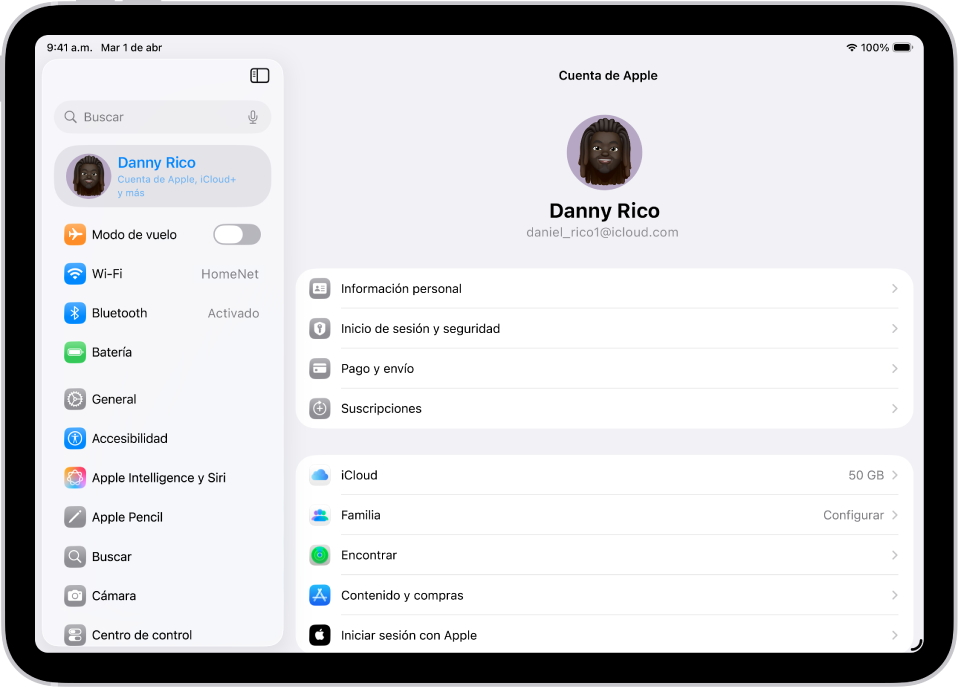 La configuración de la cuenta de Apple mostrando una lista de opciones que incluyen información personal, suscripciones, Encontrar y más.