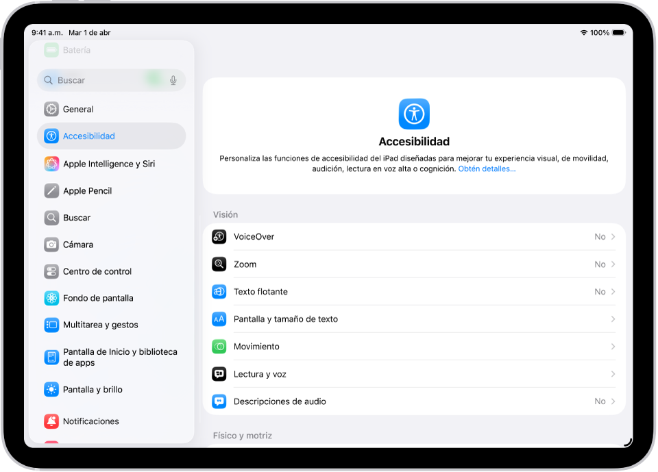 La pantalla Configuración que muestra opciones de accesibilidad, como VoiceOver, Descripciones de audio y Control por botón.