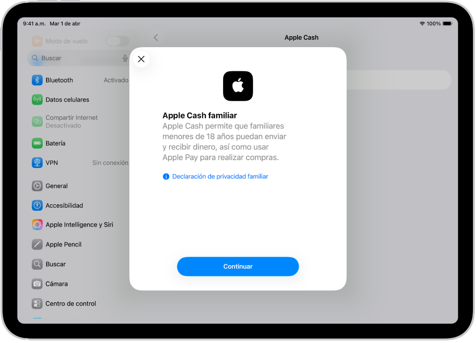 Pantalla de la app Configuración con el cuadro de diálogo de Apple Cash familiar en la mitad de la pantalla.