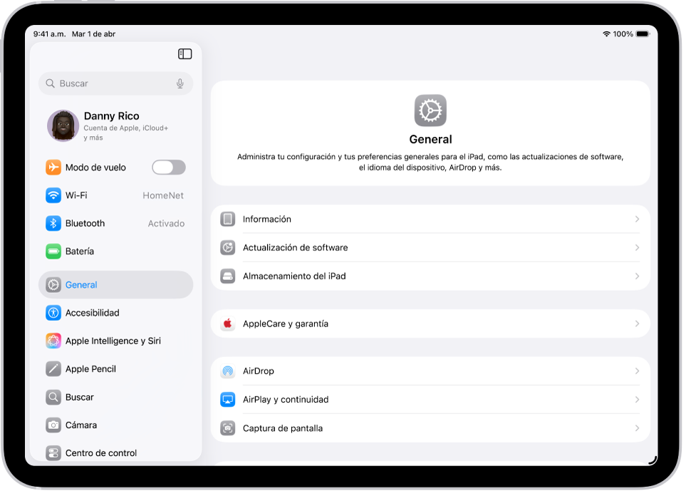 Pantalla de inicio del iPad con varios íconos de apps, incluyendo el ícono de la app Configuración, que puedes tocar para modificar el nivel del volumen del iPad, el brillo de la pantalla y más.