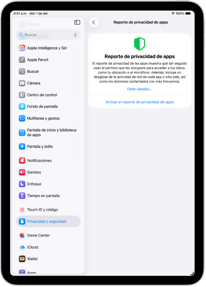 La pantalla Reporte de privacidad de las apps, donde puedes activar un reporte que muestra con qué frecuencia las apps usan los permisos que les otorgaste, además de su actividad en la red.