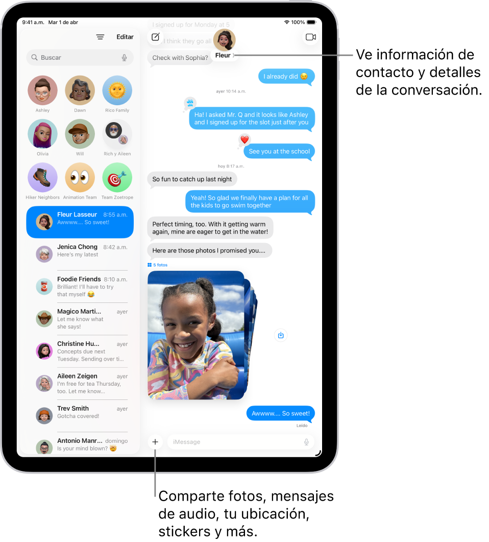 La lista de conversaciones de Mensajes a la izquierda y una transcripción a la derecha. En la parte superior, al tocar el ícono del contacto se abren los detalles de la conversación.