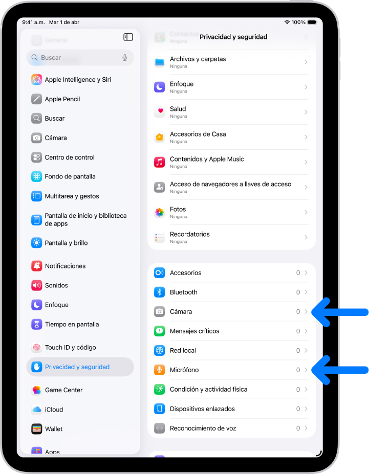 La pantalla Privacidad y seguridad, con la configuración para controlar si las apps pueden usar la cámara, el micrófono y otros componentes de tu iPad.
