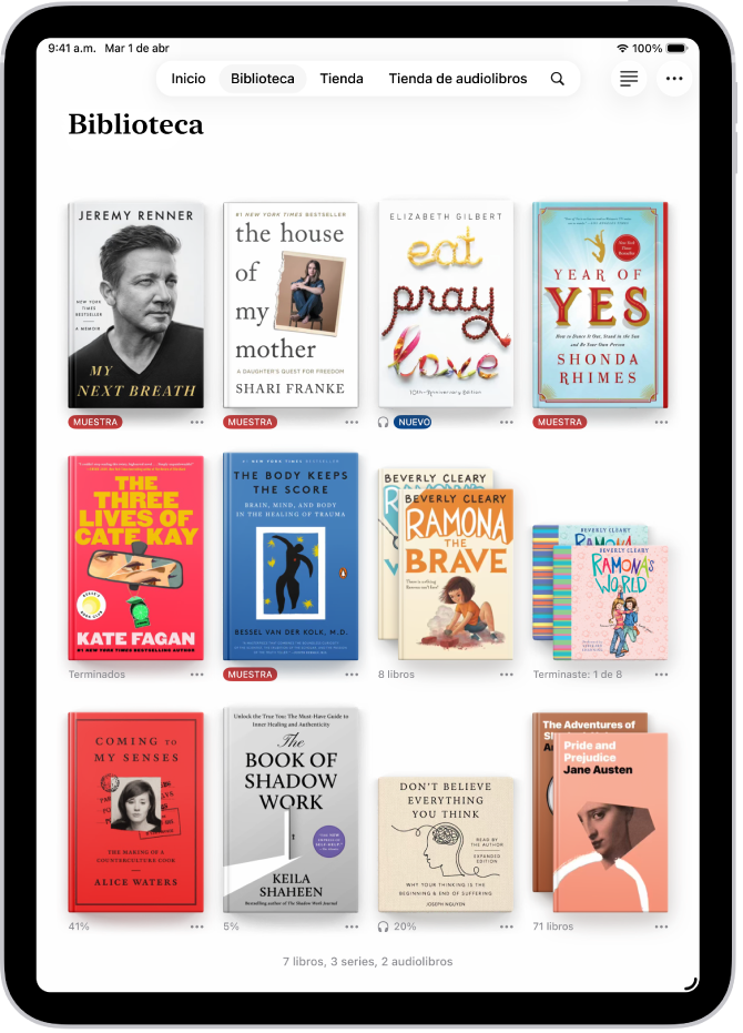 La pantalla Biblioteca de la app Libros.