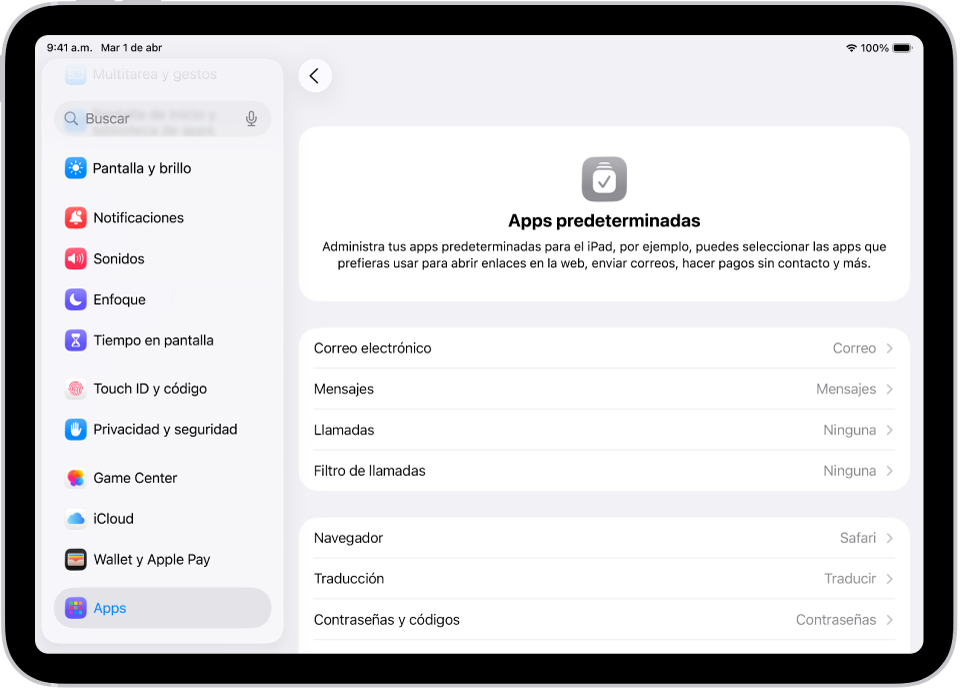 La pantalla para cambiar las apps predeterminadas para enviar correos, navegar por Internet y más.