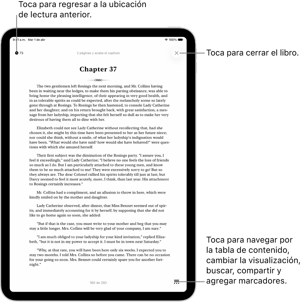 Una página en un libro en la app Libros. En la parte superior de la pantalla hay botones para regresar a la página desde la que se empezó a leer y para cerrar el libro. En la parte inferior derecha de la pantalla está el botón Menú.