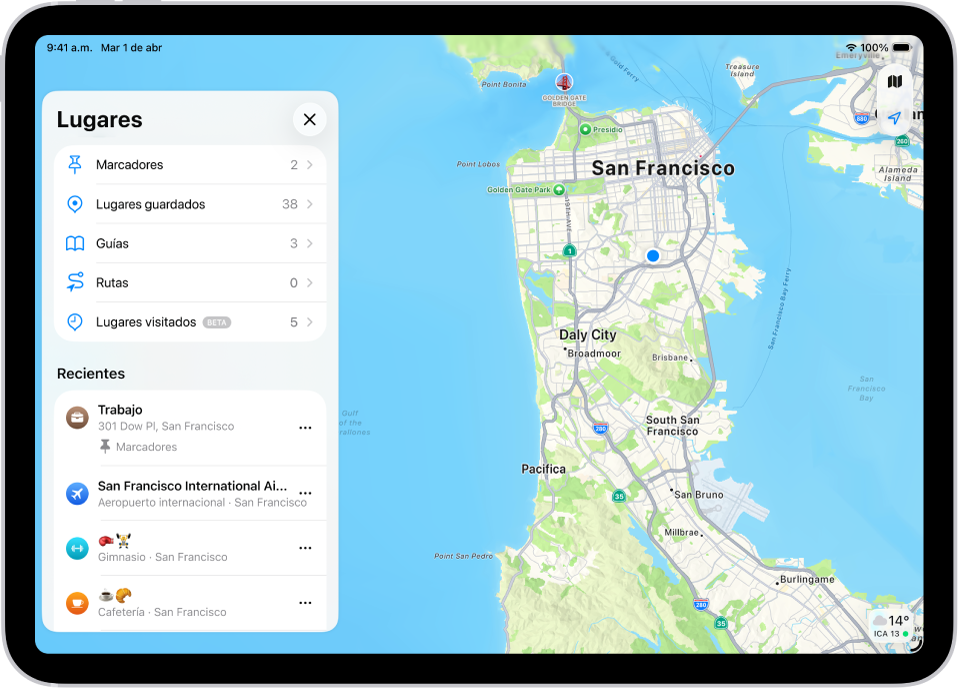 La pantalla Lugares en Mapas, que muestra una lista de categorías de lugares como Destacados, Lugares guardados y Guías. Debajo de esto, la sección Recientes muestra las ubicaciones vistas.