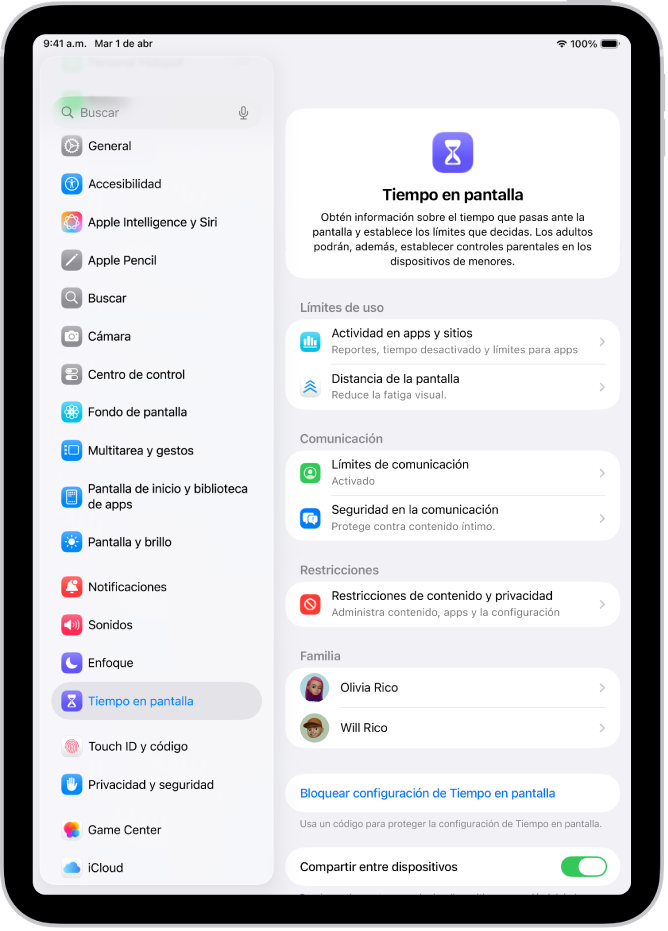 Pantalla para configurar Tiempo en pantalla, indicando que toques Actividad de apps y sitios para empezar.